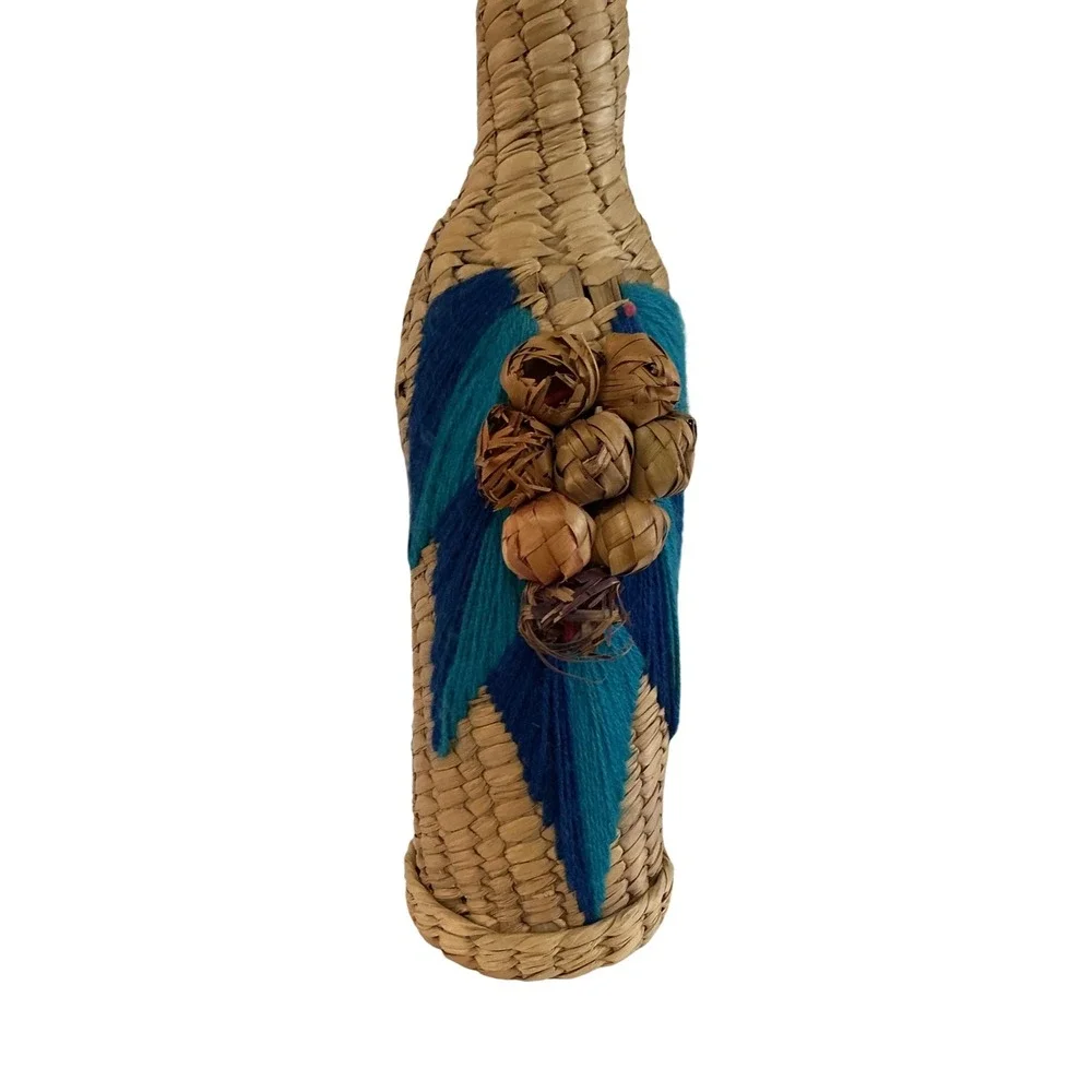 Vintage Woven Straw Bottle Cover Folk Art Blue Yarn‎ Grapes Decorative Decanter